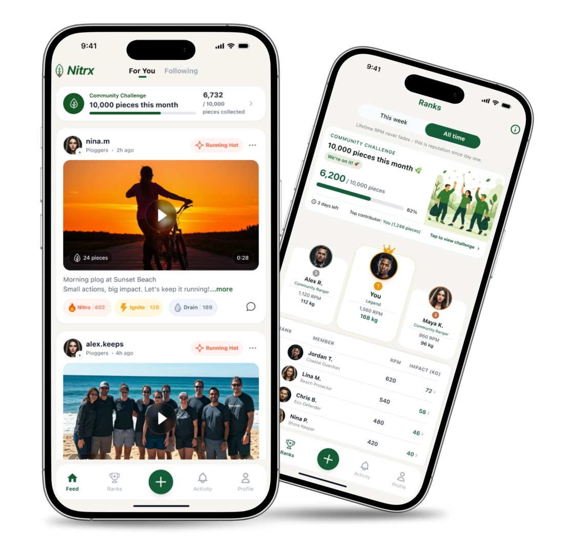 The Nitrx app showing a community feed of litter-pickup posts and a weekly ranks screen.