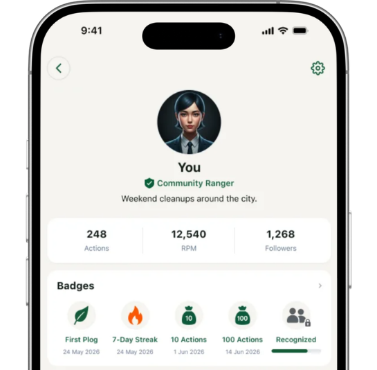 A Nitrx profile showing rank, impact totals and earned badges.
